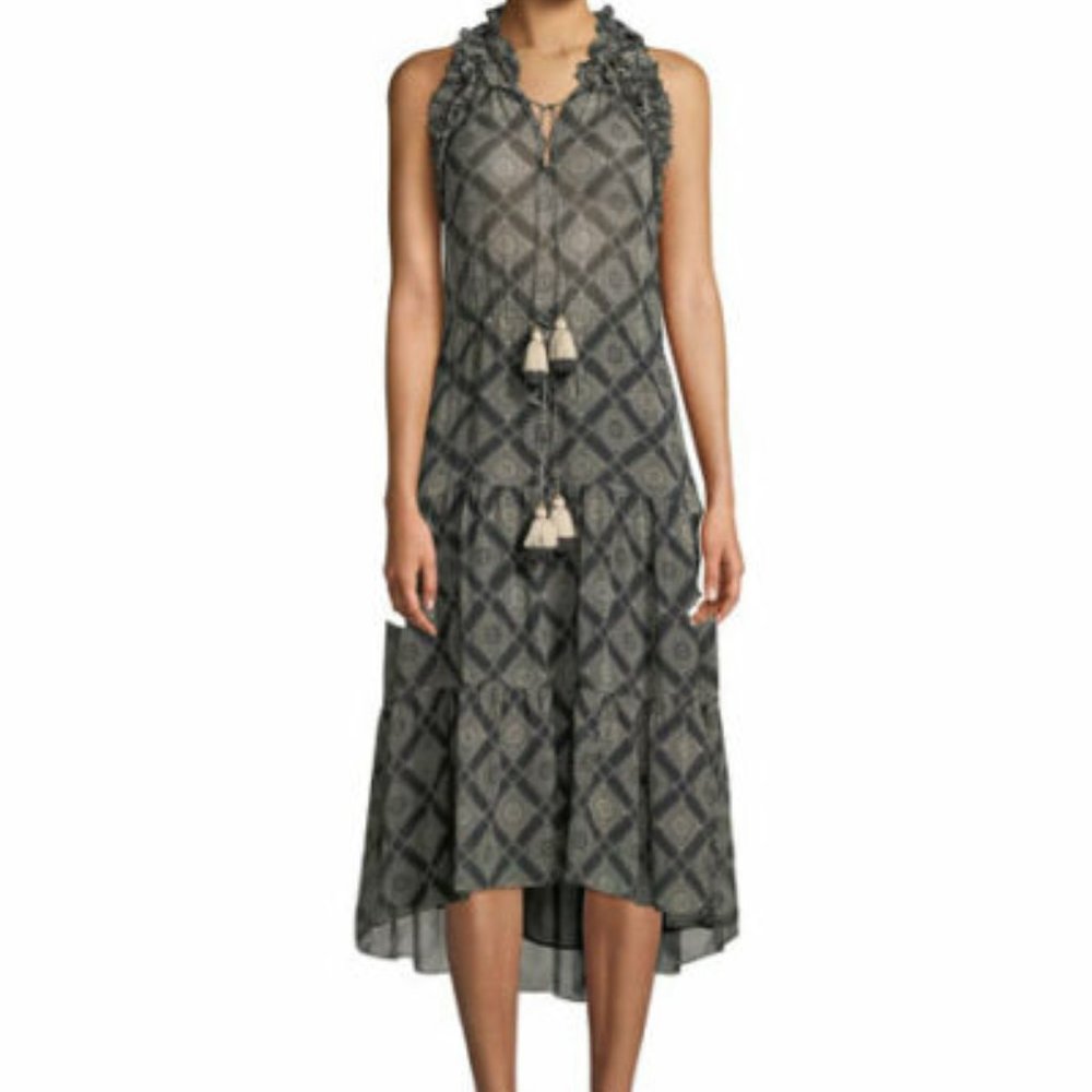 Figue Babriella Ruffle Black Printed Silk Georgette Dress New S